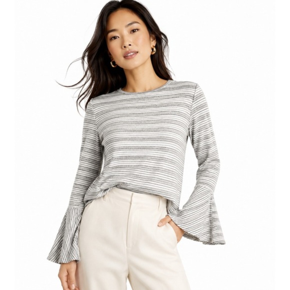 Kaari Blue Grey White Striped Ribbed Knit Bell Sleeve Top Shirt M Preppy 80-68
